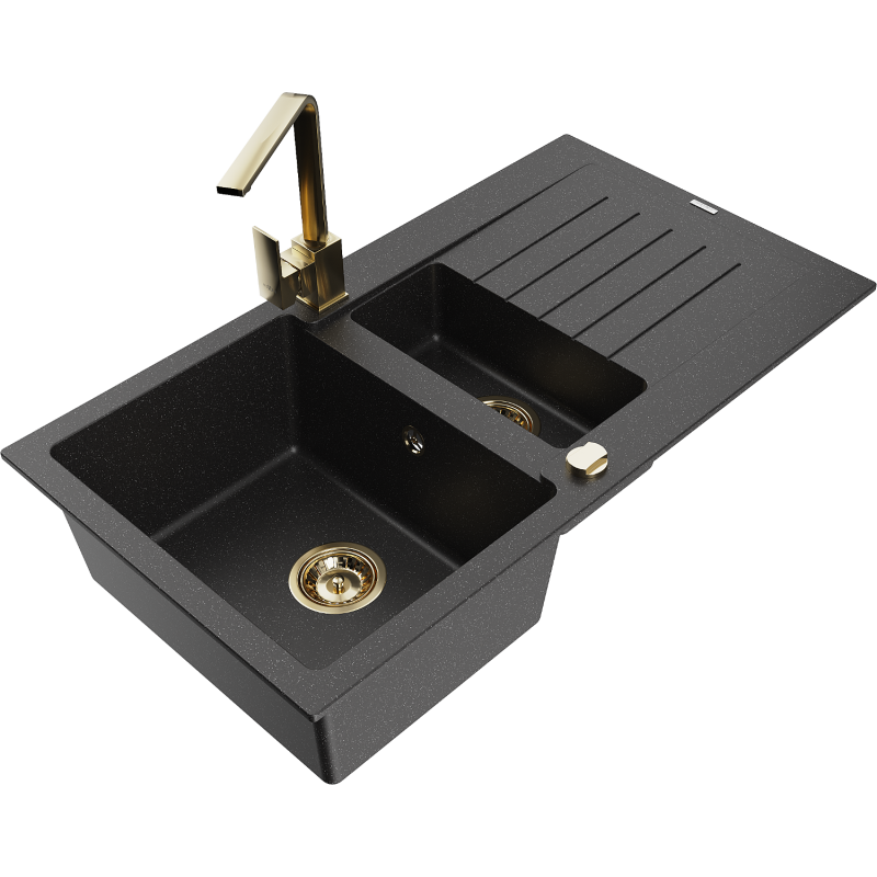 Mexen Matias granitinė virtuvės kriauklė su 1,5 skyriaus, su nutekėjimu ir virtuvės maišytuvu Rita, juodos/sidabrinės