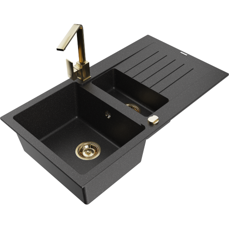 Mexen Matias granitinė virtuvės kriauklė su 1,5 skyriaus, su nutekėjimu ir virtuvės maišytuvu Rita, juodos/sidabrinės