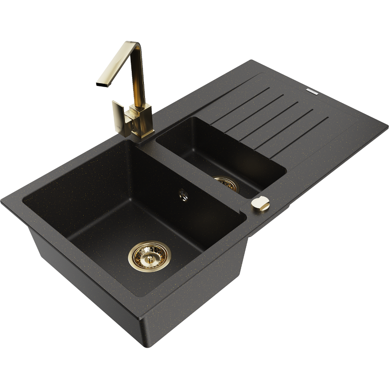 Mexen Matias granitinė pusantro dubenėlio plautuvė su nutekamąja plokšte ir Rita virtuviniu maišytuvu, juoda/auksinė