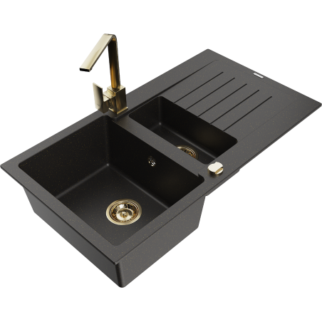 Mexen Matias granitinė pusantro dubenėlio plautuvė su nutekamąja plokšte ir Rita virtuviniu maišytuvu, juoda/auksinė