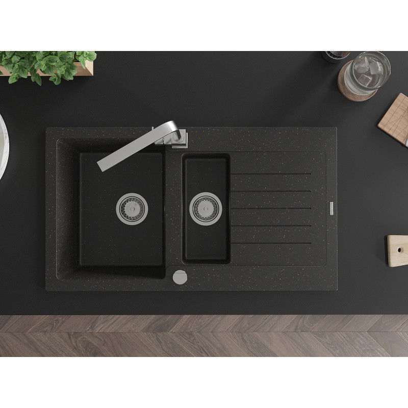 Mexen Matias granitinis plautuvas 1,5 skyrių su nuvarvėjimu ir virtuvės maišytuvu Rita, juodas/auksinis - 6502-75-670300-00
