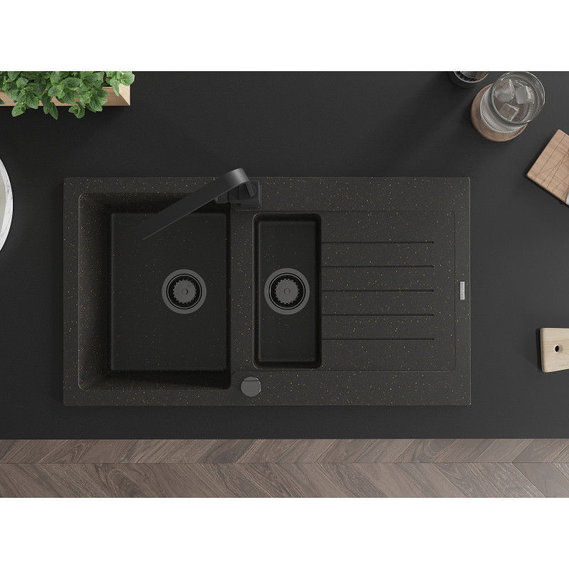 Mexen Matias granito plautuvas 1,5 skyrių su nusausintuvu ir virtuviniu čiaupu Rita, juodas/auksinis - 6502-75-670300-50-B