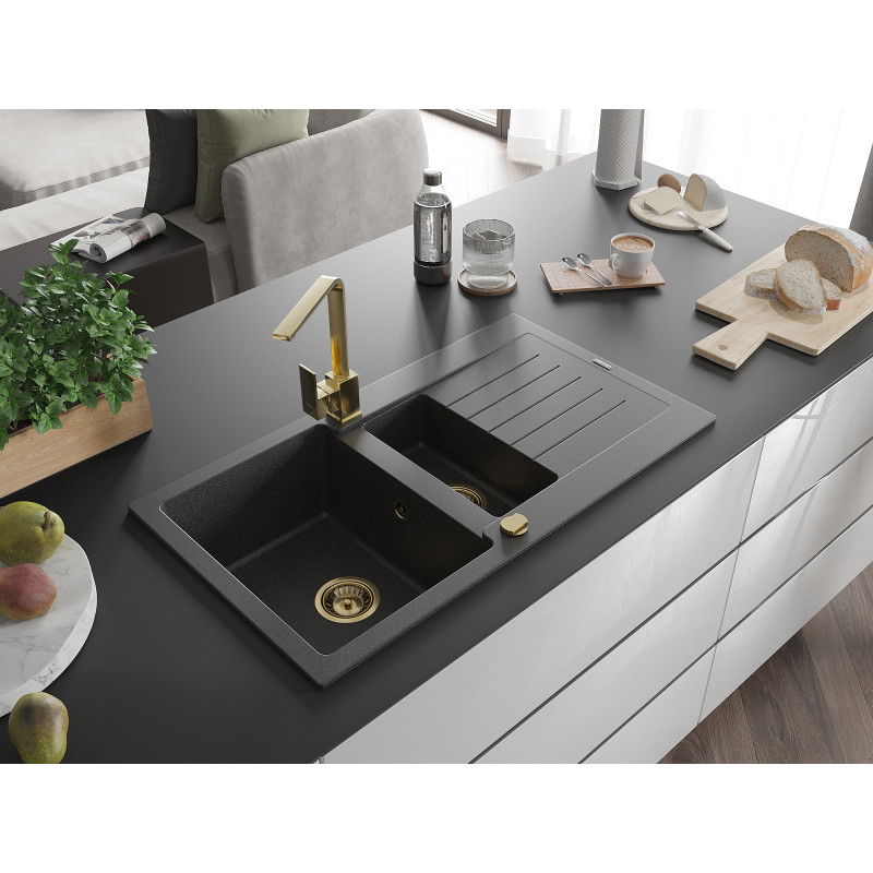 Mexen Matias 1,5 sekcijų granitinė kriauklė su nusausinimu ir virtuviniu maišytuvu Rita, juoda su taškeliais