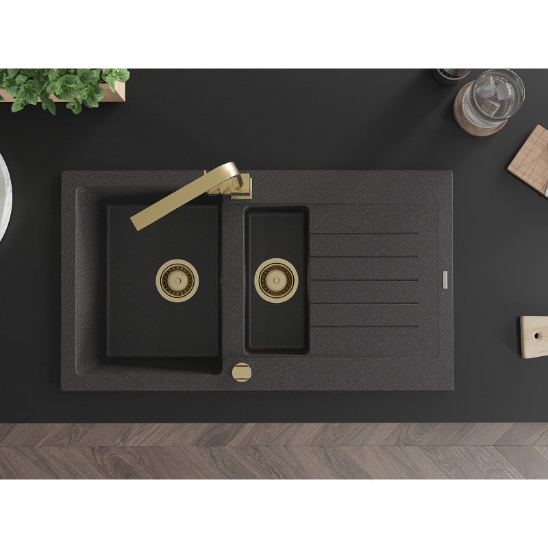 Mexen Matias 1,5 sekcijų granitinė kriauklė su nusausinimu ir virtuviniu maišytuvu Rita, juoda su taškeliais