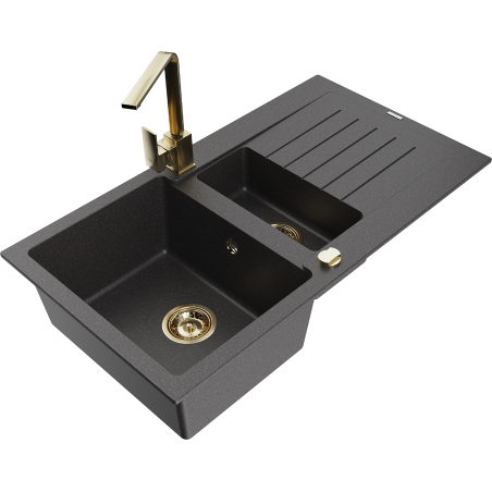 Mexen Matias 1,5 sekcijų granitinė kriauklė su nusausinimu ir virtuviniu maišytuvu Rita, juoda su taškeliais