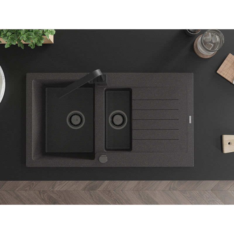 Mexen Matias granito plautuvė 1,5 kameros su lašaliu ir virtuvės maišytuvu Rita, juoda taškuota - 6502-76-670300-70-B