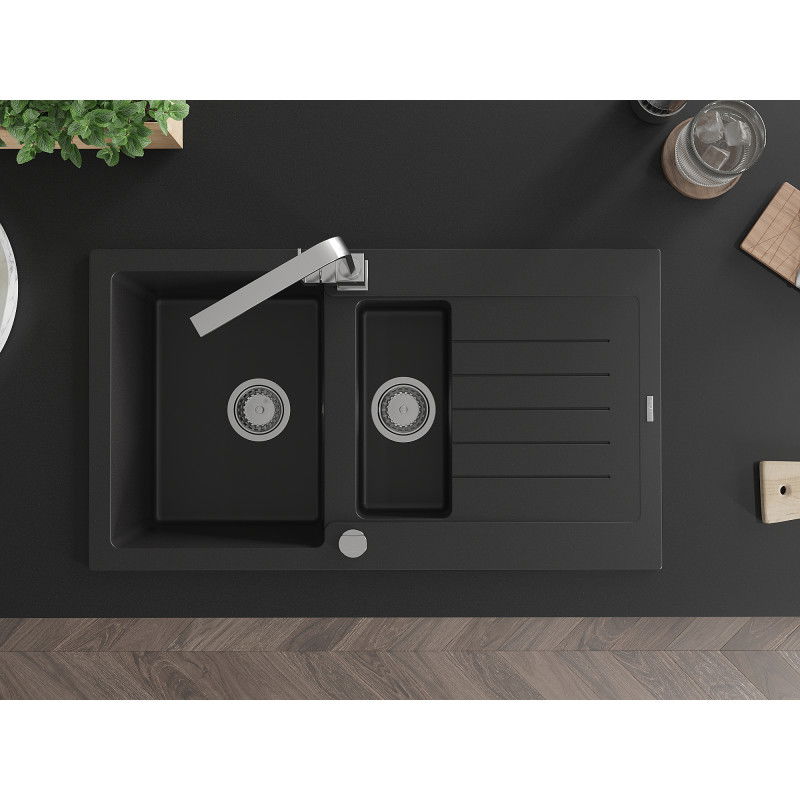 Mexen Matias granitinė plautuvė 1,5 kamerų su nuvarvėjimu ir virtuvės maišytuvu Rita, juoda - 6502-77-670300-00