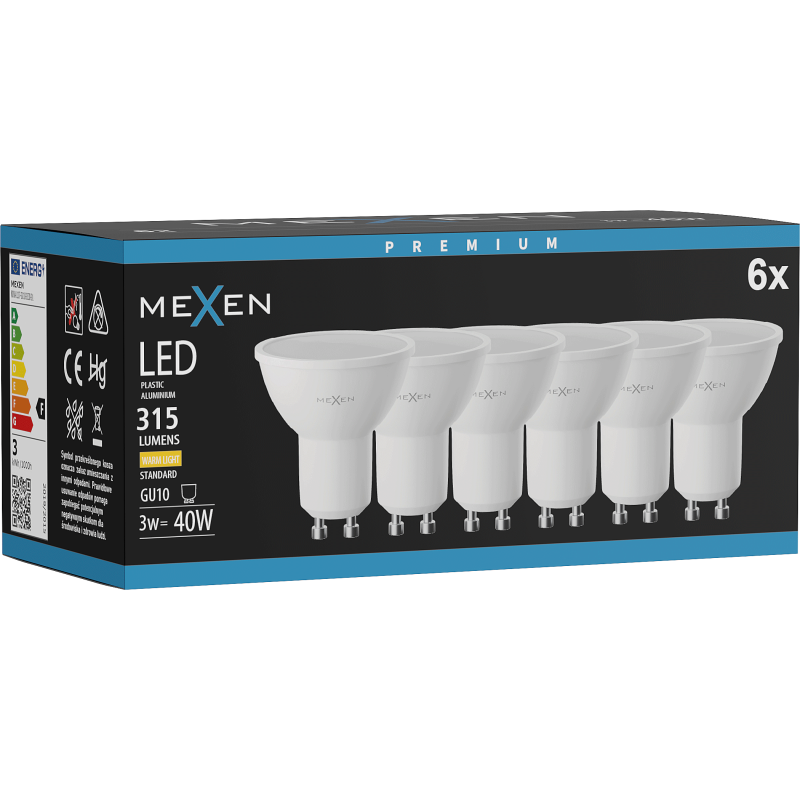 Mexen Nova 6x LED lemputė GU10, 3W, Šilta - 3000K, 315 lm - L107-GU10-0330-01x06