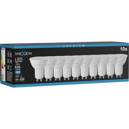 Mexen Nova 10x LED lemputė GU10, 6W, Šalta - 6500K, 630 lm - L107-GU10-0665-01x10