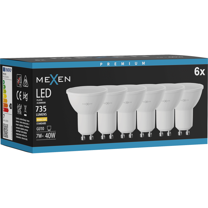 Mexen Nova 6x LED lemputė GU10, 7W, Šiltas - 3000K, 735 lm - L107-GU10-0730-01x06