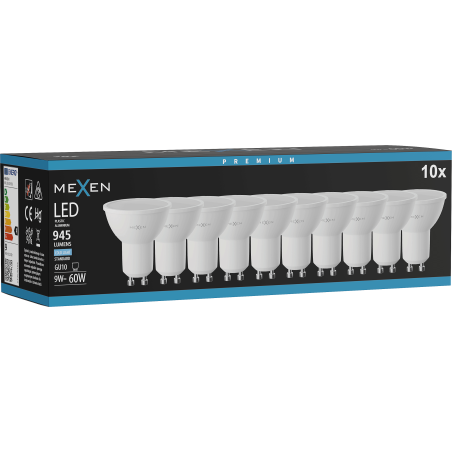Mexen Nova 10x LED lemputė GU10, 9W, Šaltas - 6500K, 945 lm - L108-GU10-0965-01x10