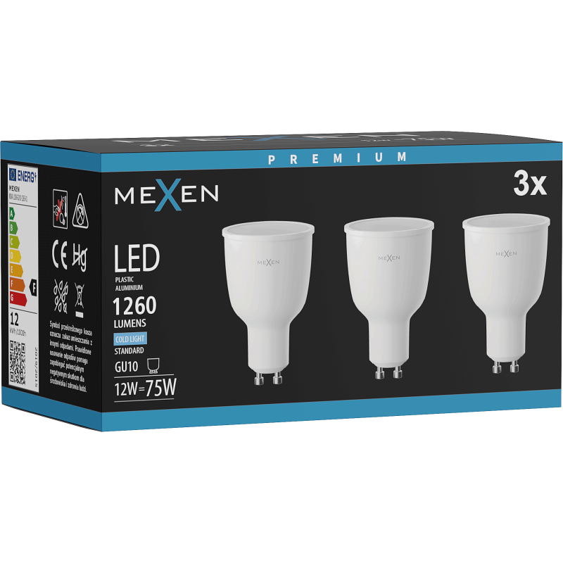 Mexen Nova 3x LED lemputė GU10, 12W, Šalta - 6500K, 1260 lm - L108-GU10-1265-01x03