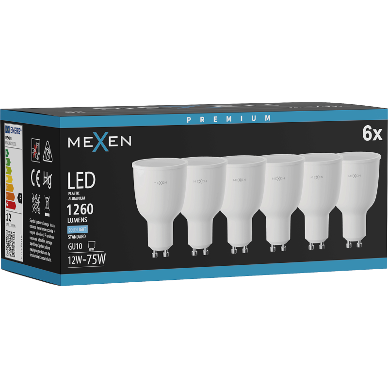 Mexen Nova 6x LED lemputė GU10, 12W, Šalta - 6500K, 1260 lm - L108-GU10-1265-01x06
