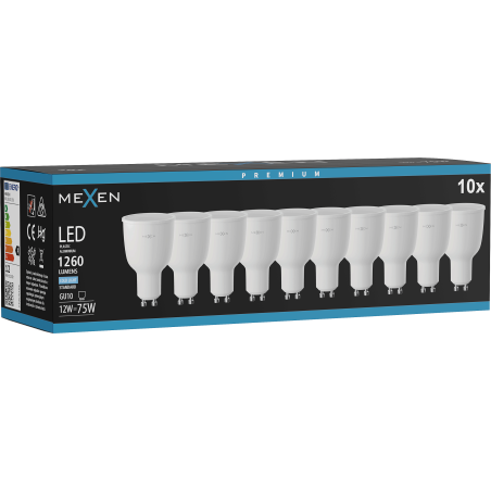 Mexen Nova 10x LED lemputė GU10, 12W, Šalta - 6500K, 1260 lm - L108-GU10-1265-01x10