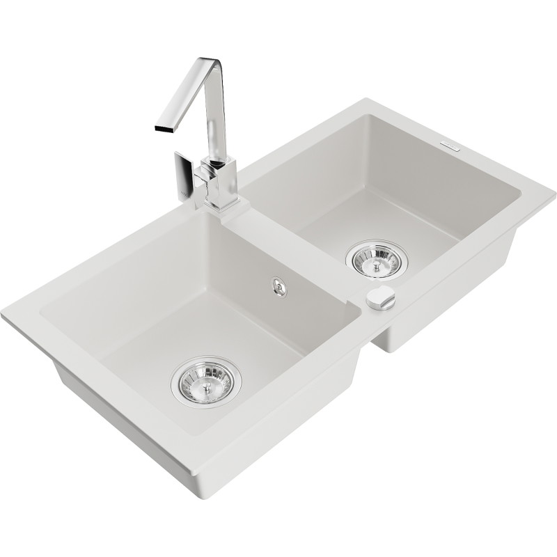 Mexen Mario 2-jų kamerų granitinė kriauklė su virtuviniu maišytuvu Rita, balta - 6504-20-670300-00