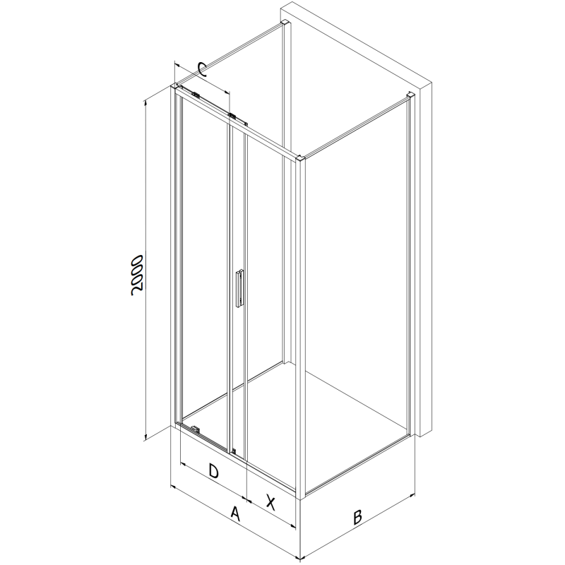 Mexen Exo-3S trijų sienų 200 x 75 cm stumdomas dušo kabinos rinkinys, skaidrus, juodas - 8151-200-075-70-00-3S