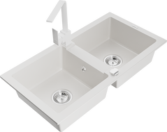 Mexen Mario dviejų skyrių granito plautuvė su Rita virtuviniu maišytuvu, balta - 6504-20-670300-20