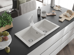 Mexen Mario dviejų skyrių granito plautuvė su Rita virtuviniu maišytuvu, balta - 6504-20-670300-20