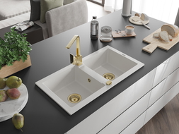 Mexen Mario granitinė dviejų skyrių plautuvė su virtuviniu maišytuvu Rita, balta - 6504-20-670300-50