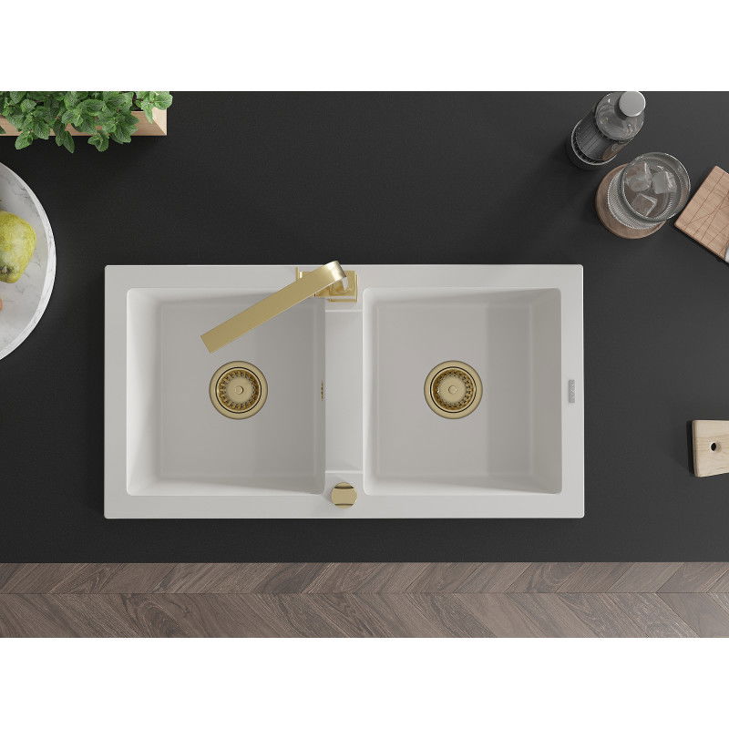 Mexen Mario granitinė dviejų skyrių plautuvė su virtuviniu maišytuvu Rita, balta - 6504-20-670300-50