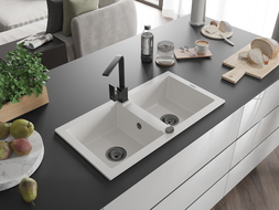 Mexen Mario granitinis dviejų skyrių plautuvės su virtuviniu maišytuvu Rita, balta - 6504-20-670300-70