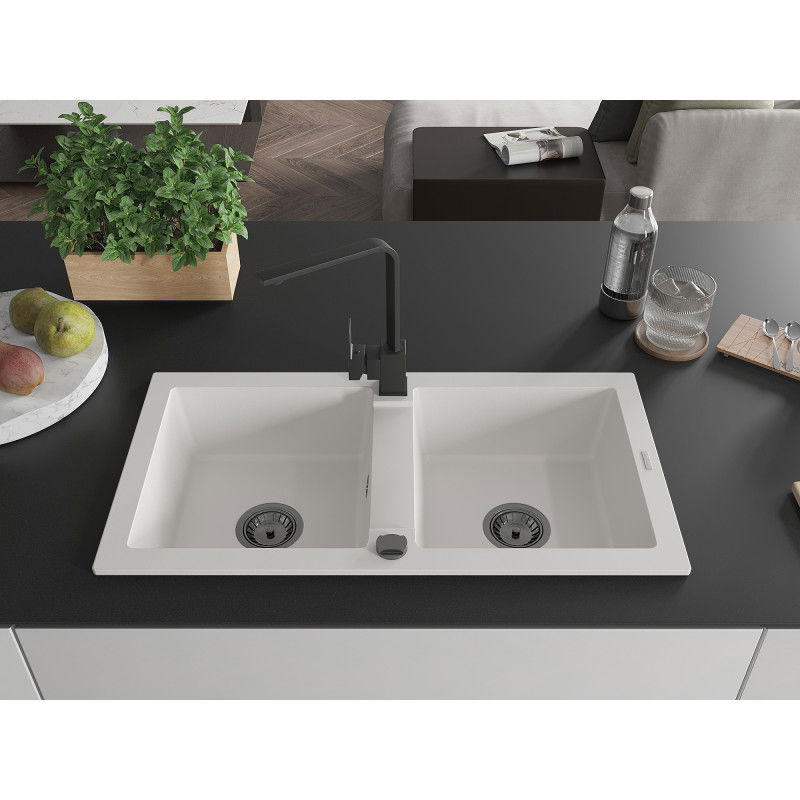 Mexen Mario granitinis dviejų skyrių plautuvės su virtuviniu maišytuvu Rita, balta - 6504-20-670300-70