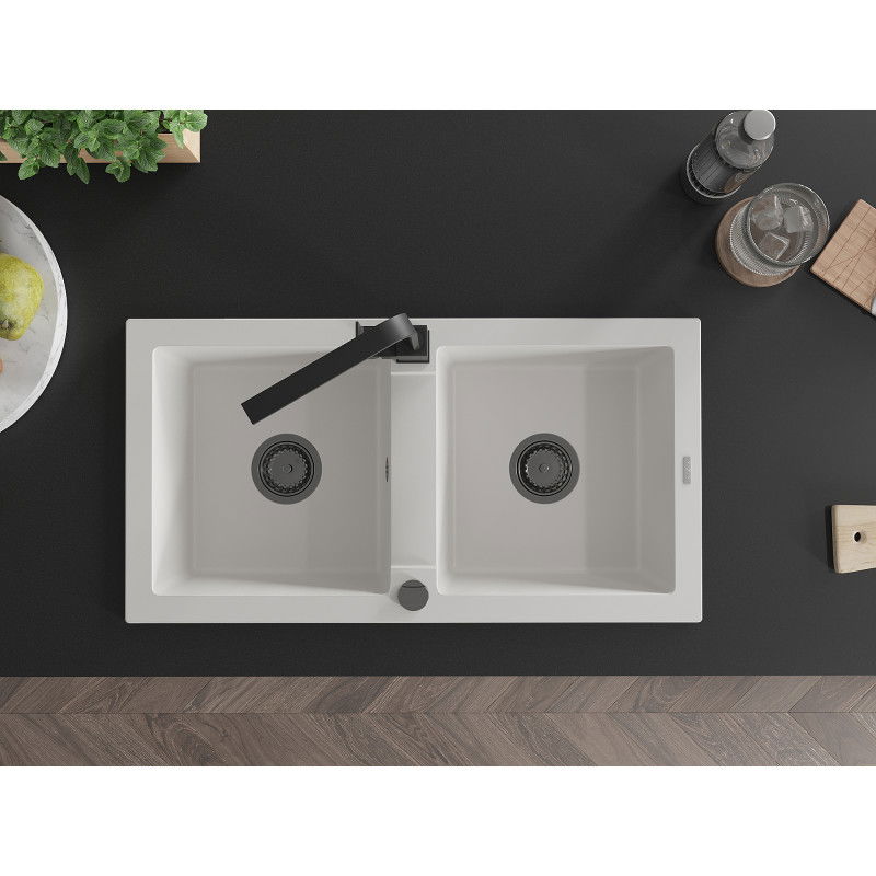 Mexen Mario granitinis dviejų skyrių plautuvės su virtuviniu maišytuvu Rita, balta - 6504-20-670300-70