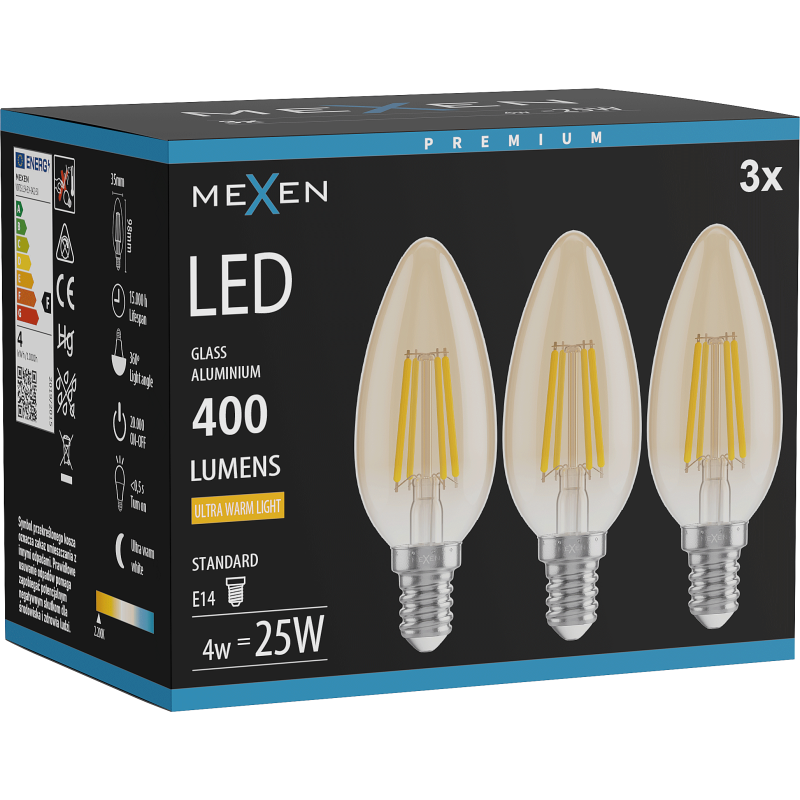 Mexen Vintis 3x LED filamentinė lemputė E14, C35, 4W, Šilta - 2200K, 400 lm, gintarinė - L154-E14-0422-50x03