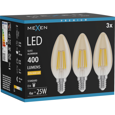 Mexen Vintis 3x LED filamentinė lemputė E14, C35, 4W, Šilta - 2200K, 400 lm, gintarinė - L154-E14-0422-50x03