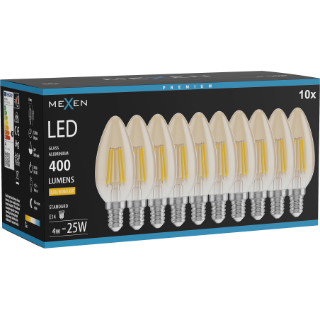 Mexen Vintis 10x LED gijų lemputė E14, C35, 4W, Šilta - 2200K, 400 lm, gintaras - L154-E14-0422-50x10