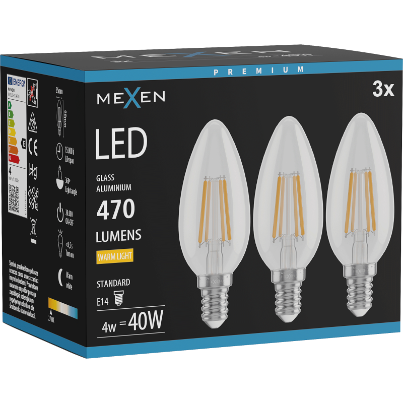 Mexen Vintis 3x LED siūlelio lemputė E14, C35, 4W, Šilta - 2700K, 470 lm, skaidri - L154-E14-0427-00x03