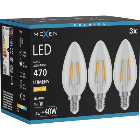 Mexen Vintis 3x LED siūlelio lemputė E14, C35, 4W, Šilta - 2700K, 470 lm, skaidri - L154-E14-0427-00x03
