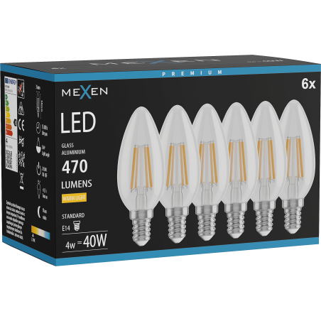 Mexen Vintis 6x LED siūlelio lemputė E14, C35, 4W, Šilta - 2700K, 470 lm, skaidri - L154-E14-0427-00x06