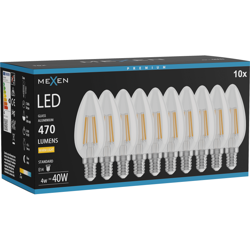 Mexen Vintis 10x LED gijų lemputė E14, C35, 4W, Šilta - 2700K, 470 lm, skaidrus - L154-E14-0427-00x10