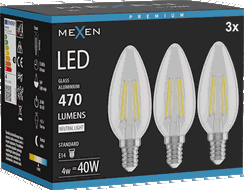 Mexen Vintis 3x LED gijų lemputė E14, C35, 4W, Neutrali - 4000K, 470 lm, skaidri - L154-E14-0427-00x03 - L154-E14-0440-00x03
