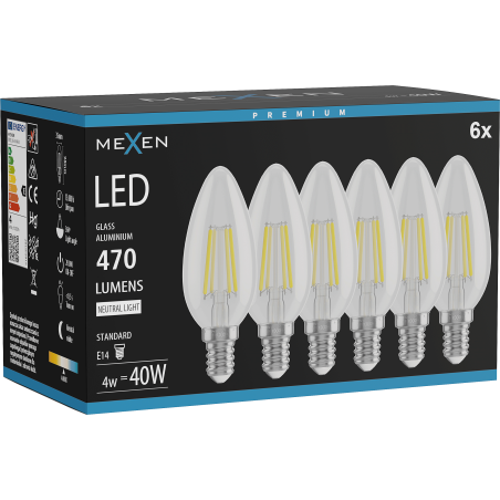 Mexen Vintis 6x LED E14 filamento lemputė, C35, 4W, Neutralus - 4000K, 470 lm, skaidrus - L154-E14-0427-00x06