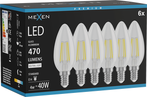 Mexen Vintis 6x LED E14 filamento lemputė, C35, 4W, Neutralus - 4000K, 470 lm, skaidrus - L154-E14-0427-00x06