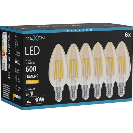 Mexen Vintis 6x LED kaitrinė lemputė E14, C35, 6W, Šilta - 2200K, 600 lm, gintarinė - L154-E14-0622-50x06