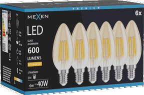 Mexen Vintis 6x LED kaitrinė lemputė E14, C35, 6W, Šilta - 2200K, 600 lm, gintarinė - L154-E14-0622-50x06