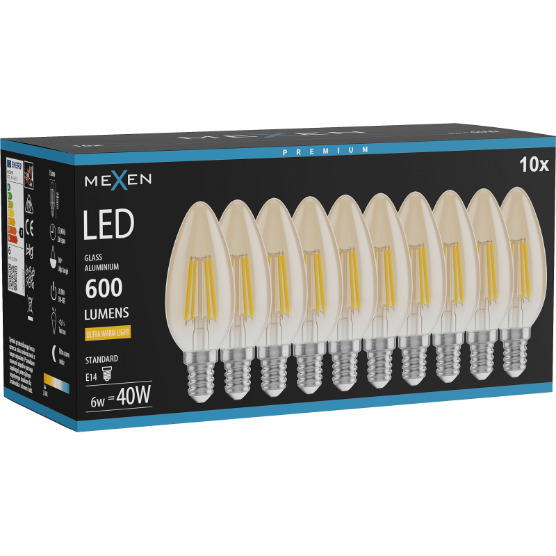 Mexen Vintis 10x LED kaitinimo gija E14, C35, 6W, Šilta - 2200K, 600 lm, gintarinė - L154-E14-0622-50x10