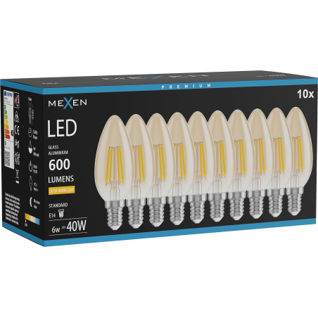 Mexen Vintis 10x LED kaitinimo gija E14, C35, 6W, Šilta - 2200K, 600 lm, gintarinė - L154-E14-0622-50x10