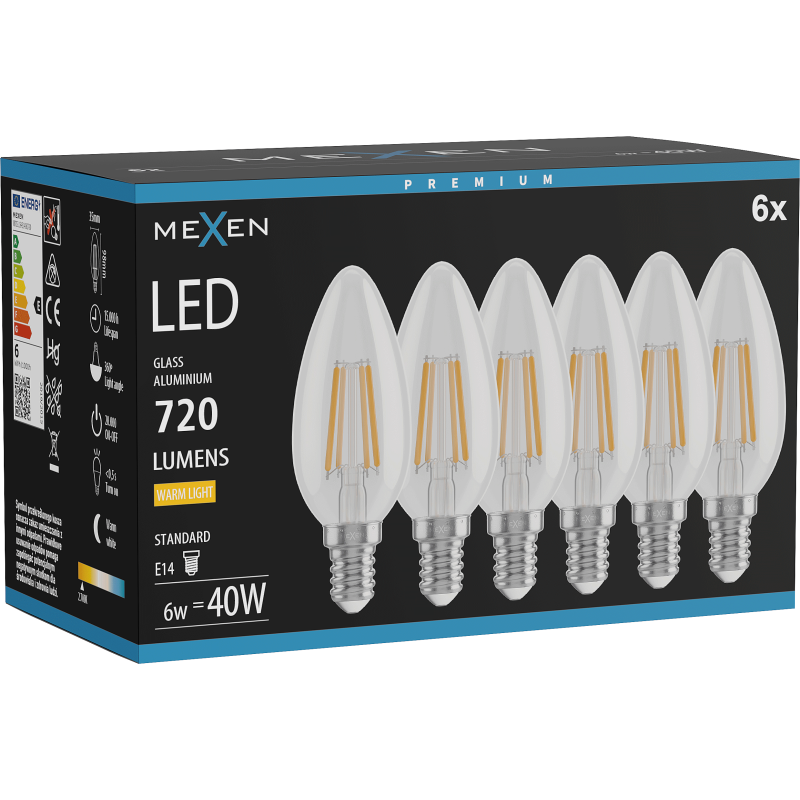 Mexen Vintis 6x LED filamentinė lemputė E14, C35, 6W, Šilta - 2700K, 720 lm, skaidri - L154-E14-0627-00x06