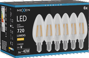 Mexen Vintis 6x LED filamentinė lemputė E14, C35, 6W, Šilta - 2700K, 720 lm, skaidri - L154-E14-0627-00x06