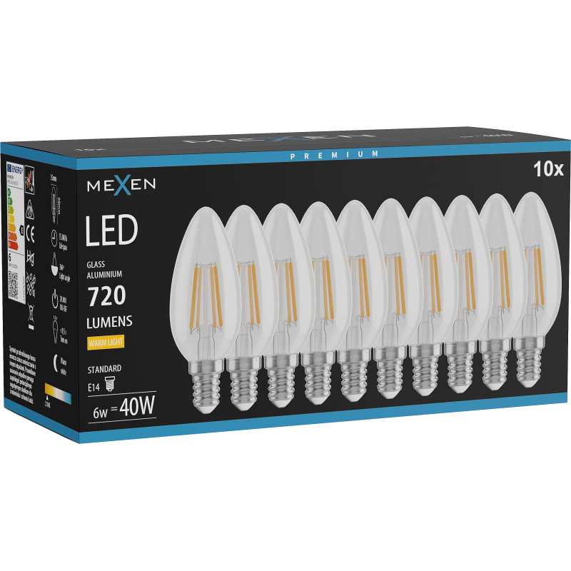 Mexen Vintis 10x LED gijų lemputė E14, C35, 6W, Šilta - 2700K, 720 lm, skaidri - L154-E14-0627-00x10