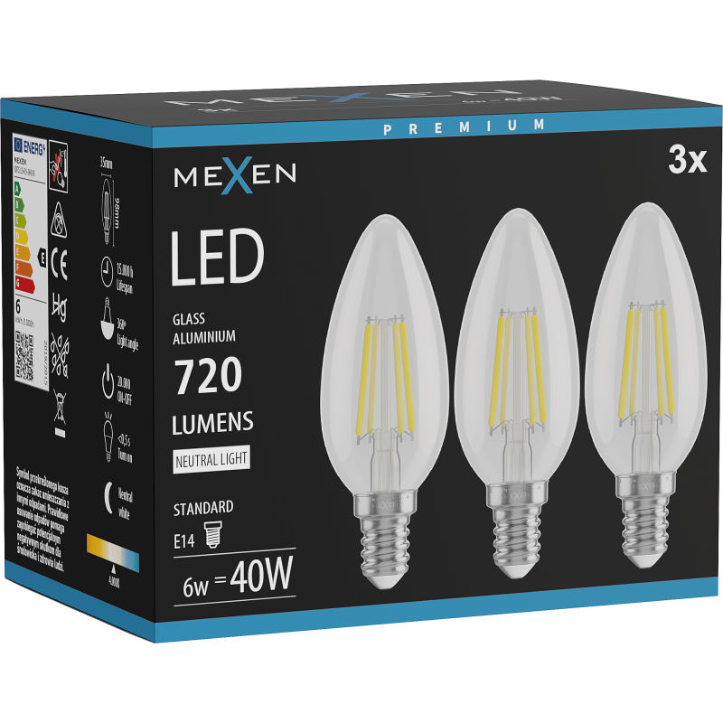 Mexen Vintis 3x LED filamento lemputė E14, C35, 6W, Neutrali - 4000K, 720 lm, skaidri - L154-E14-0640-00x03