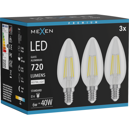 Mexen Vintis 3x LED filamento lemputė E14, C35, 6W, Neutrali - 4000K, 720 lm, skaidri - L154-E14-0640-00x03