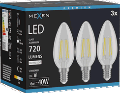 Mexen Vintis 3x LED filamento lemputė E14, C35, 6W, Neutrali - 4000K, 720 lm, skaidri - L154-E14-0640-00x03