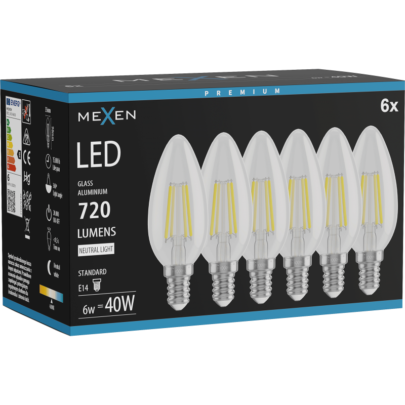 Mexen Vintis 6x LED filamentinė lemputė E14, C35, 6W, Neutrali - 4000K, 720 lm, skaidri - L154-E14-0640-00x06