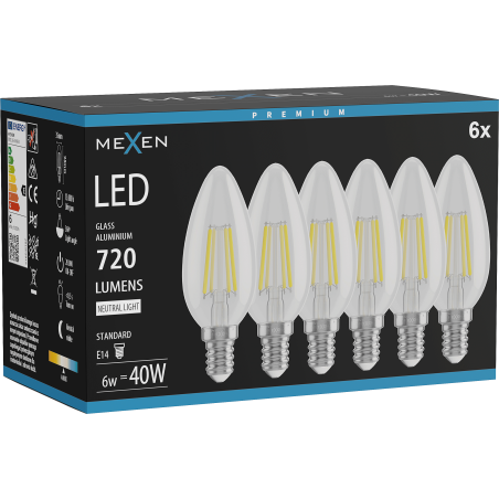 Mexen Vintis 6x LED filamentinė lemputė E14, C35, 6W, Neutrali - 4000K, 720 lm, skaidri - L154-E14-0640-00x06