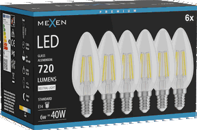 Mexen Vintis 6x LED filamentinė lemputė E14, C35, 6W, Neutrali - 4000K, 720 lm, skaidri - L154-E14-0640-00x06